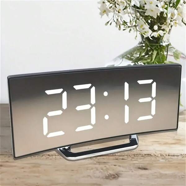 SOKANY Modern Curved Digit Clock, Mirror Alarm Clock. Dual Power Options (Battery Or USB), Large Display, Stylish Black Home Decor Design, Office Digital Clock | Minimalist Alarm Clock | Fashion Watch, Living Room Wall Clock. Requires 3 AAA Batteries (Not Included).