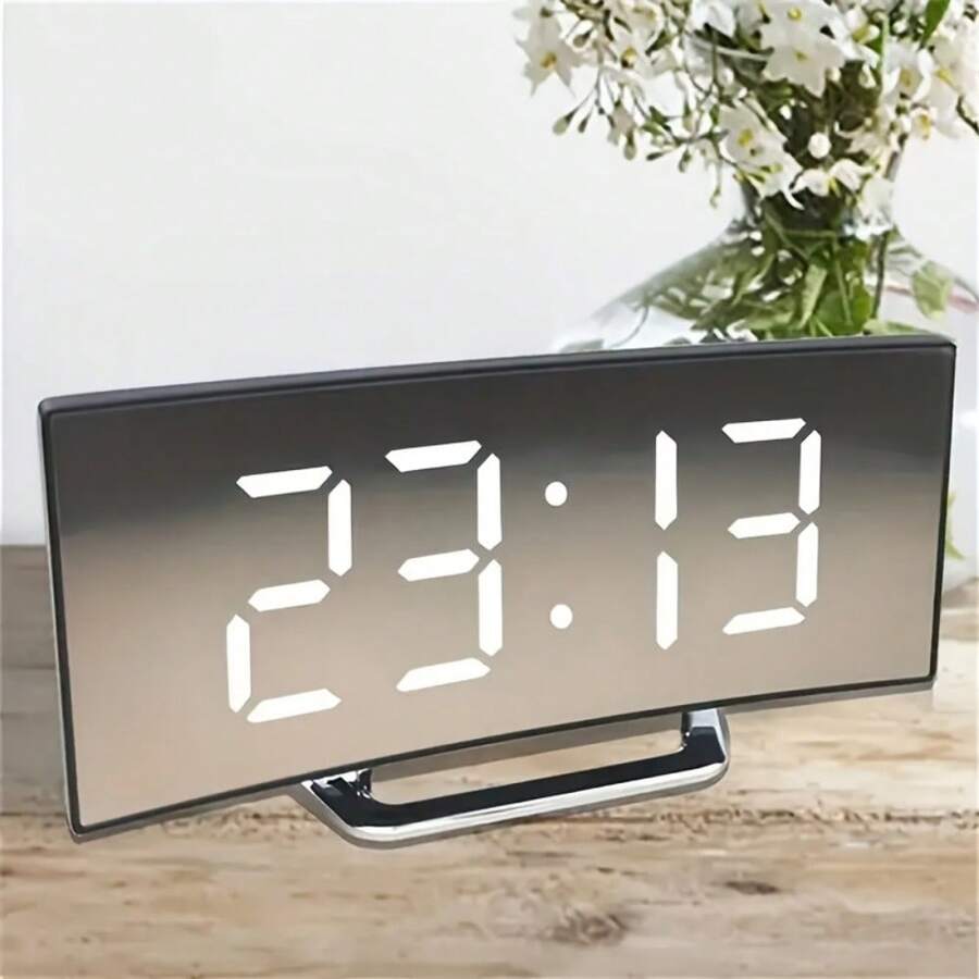 SOKANY Modern Curved Digital Clock, Mirror Alarm, Dual Power (Battery/USB), Large Screen, Black Decor, For Home/Office, Needs 3xAAA Batteries.