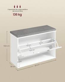 Banco Zapatero Acolchado, Mueble de Recibidor de 3 Niveles para 9 Pares de Zapatos, Cajón Abatible, 30 x 80 x 53,5 cm, para Entrada, Dormitorio, Blanco Nube y Gris Paloma - Nube blanca - Ver 4
