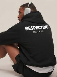 Men's Casual Letter Print Drop Shoulder Loose Drawstring Hoodie With Kangaroo Pocket, Spring/Autumn - Black - View 1