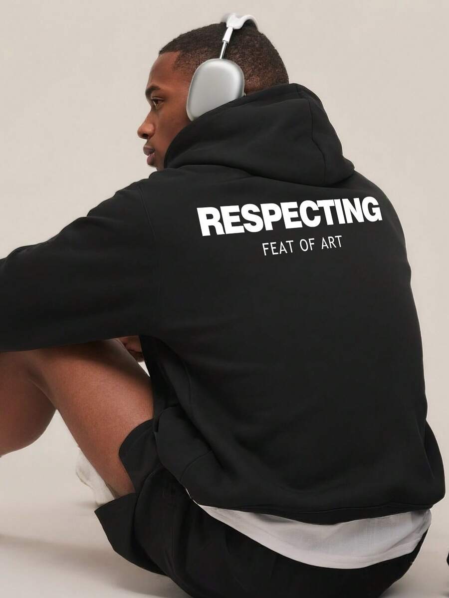 Men's Casual Letter Print Drop Shoulder Loose Drawstring Hoodie With Kangaroo Pocket, Spring/Autumn - Black - View 1