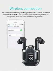 全新透明触摸屏低延迟 TWS 无线耳塞，Type-C 充电，蓝牙 5.3 半入耳式无线运动耳机，超长电池寿命 - 黑色 - 查看 9