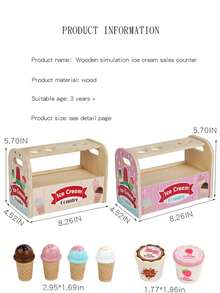 Kids Wooden Pretend Play Mini Ice Cream Maker & Stall, Role Play Kitchen Toys For Boys And Girls