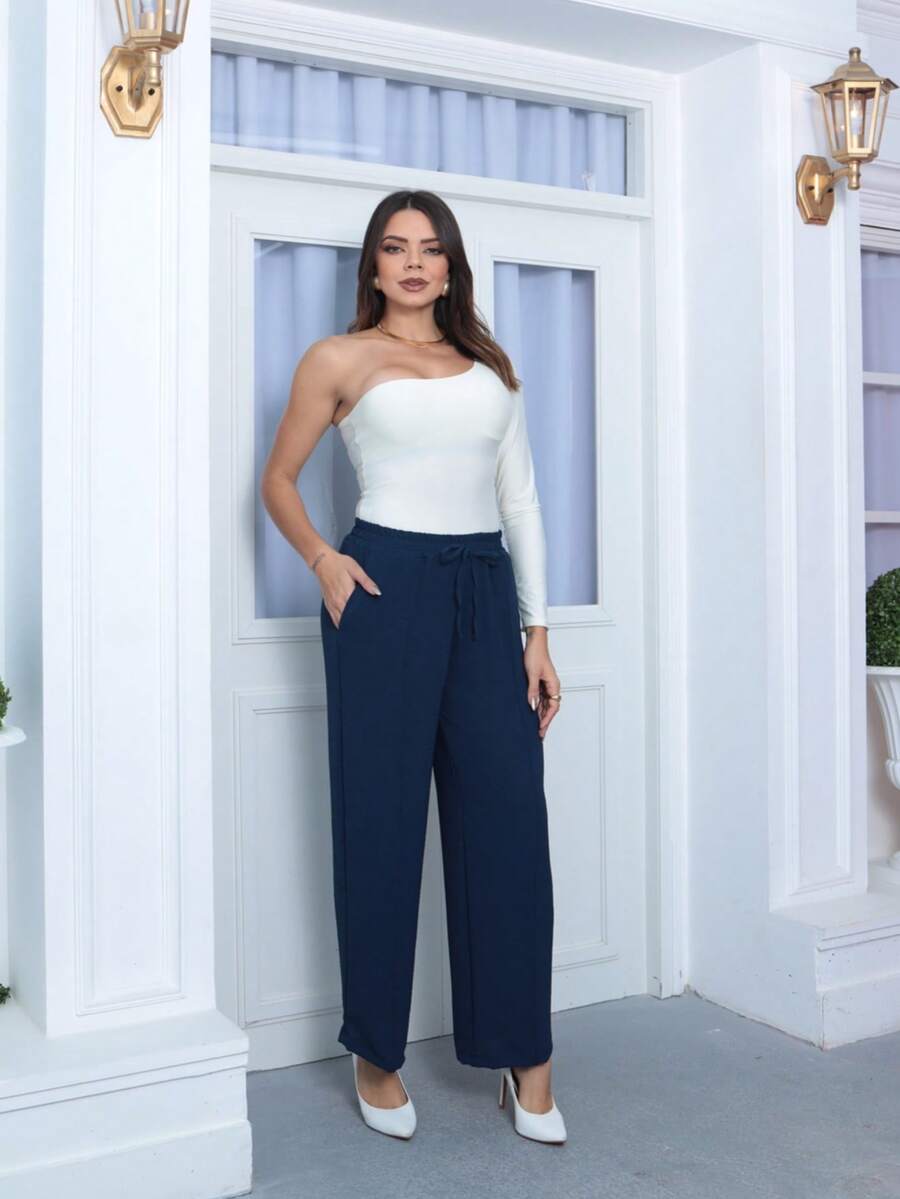 Women's High-Waisted Wide-Leg Pants With Dune Pocket - 藏蓝色 - 查看 1