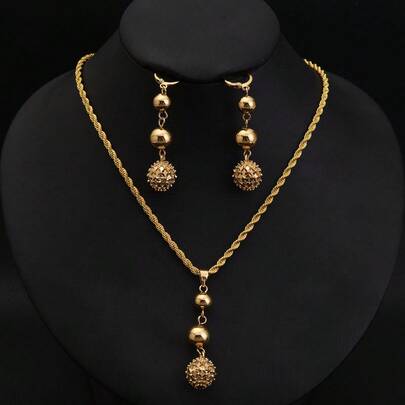 Conjunto de joias douradas da Eritreia - colar com pingente, brincos, pingente de bola pequena, adequado para uso diário feminino, presente de casamento para noivas africanas