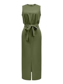 2pcs Women's Solid Color Casual Elegant Summer Set With Belt And Pockets - Army Green - View 2