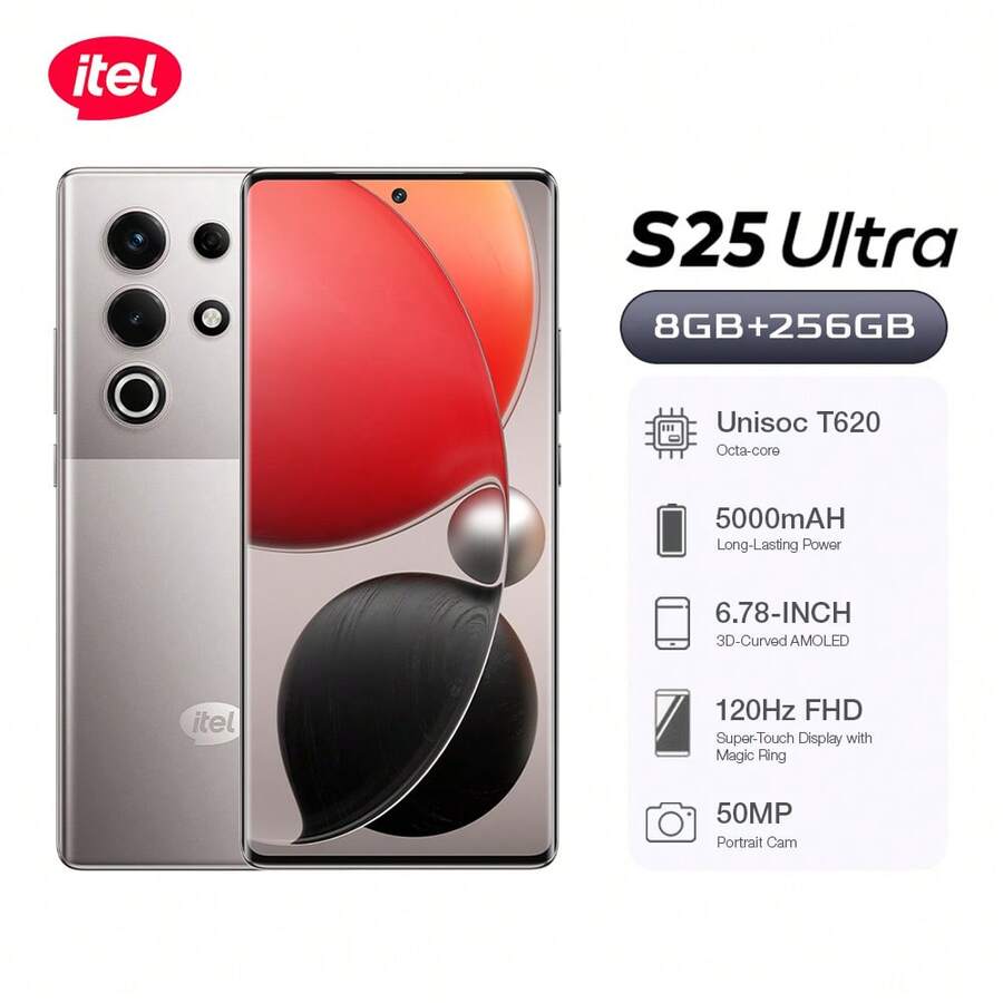 itel S25 Ultra 双卡 4G 钛金版 Android 14 智能手机 8GB RAM 256GB，5000mAh 电池，Type-C 充电，指纹解锁