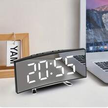 SOKANY Modern Curved Digital Clock, Mirror Alarm, Dual Power (Battery/USB), Large Screen, Black Decor, For Home/Office, Needs 3xAAA Batteries. - Black - View 5