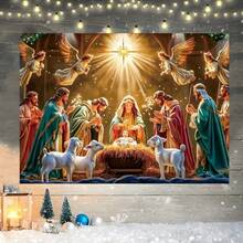 1 Peça Pano de Bottom com Tema Religioso de Natal: Cena da Natividade com o Menino Jesus, Anjos, Pastores, Caverna, Luz de Vela, Três Reis Magos, Padrão de Céu Estrelado, Adequado para Festa de Natal, Decoração de Bottom para Reunião Familiar, Cenário Fotográfico, Adereço de Vinil