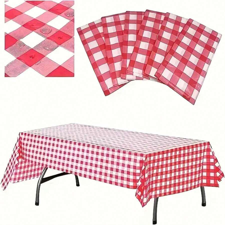 1pc/6pcs Red & White Checkered Tablecloth, 137*274cm Decorative Plaid Tablecloth, Waterproof Oil-Proof Dust-Proof Tablecloth, Oil-Proof Spill-Proof Floor Mat, Suitable For Indoor & Outdoor Wipeable Tabletop, Fit For Picnic, Farm, Birthday, Wedding Rectangle Party Table