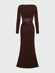 Sexy Y2K Mesh Patchwork Long Sleeve Dress, Sheer Black French Elegant Design Dress For Dates And Parties - Brown - View 7