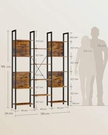 Librería, Estantería de Almacenamiento, con 14 Estantes, Marco de Metal, para Sala de Estar, Estudio, Oficina, Estilo Industrial, 24 x 128 x 166 cm, Marrón Rústico y Negro Tinta - Marrón y negro - Ver 6