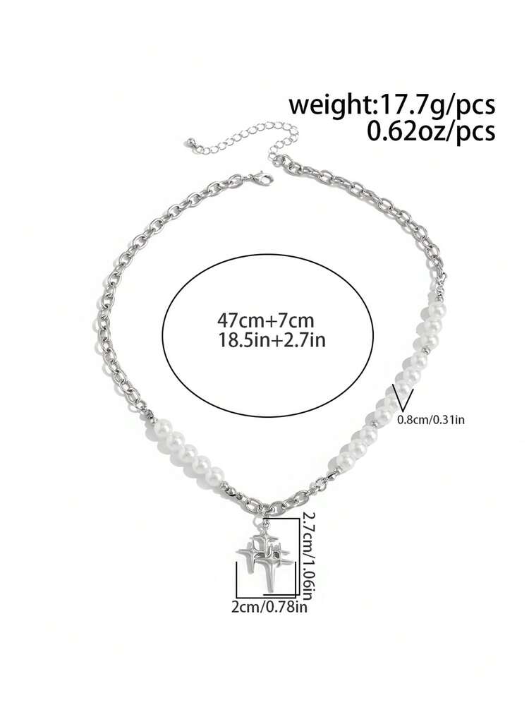 1 件男士复古简约条纹十字架吊坠项链，银星和链条装饰项链，精致设计，街头风格配饰，适合大学佩戴的魅力珠宝 - 白K - 查看 6