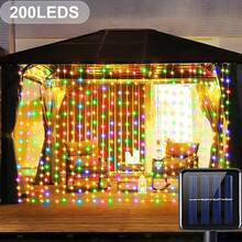 Cortina de luz solar LED para exterior, guirlanda com 8 modos, luz de corda de fada solar, 100 LEDs, 200 LEDs, 300 LEDs, luz de corda de fio de cobre solar, pavilhão, jardim, janela, parede, festa de Halloween, casamento, feriado, decoração de Natal, lâmpadas de fio de cobre