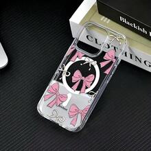 Funda magnética transparente con lazo rosa, bonito diseño, soporta carga inalámbrica, compatible con iPhone17/16E/SE4/16/15/14/12/11 Pro Max Compatible con Samsung S22 S23 S24 S25 y otros modelos - transparente - Ver 4