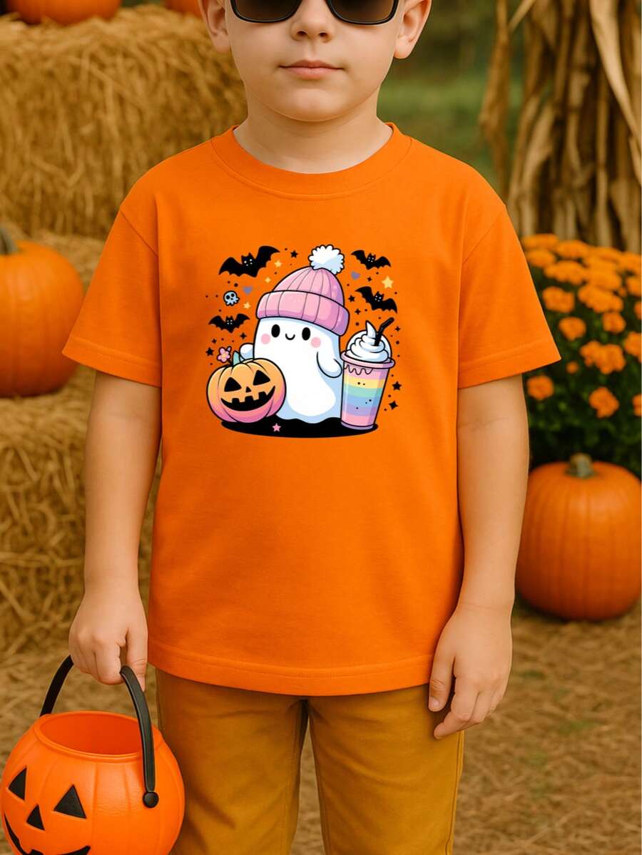 Camiseta de niño casual con estampado gráfico de fantasma FANSTASMA FASHION, adecuada para disfraz de Halloween, Halloween Horror Nights, para fiestas de Halloween - Naranja - Ver 1