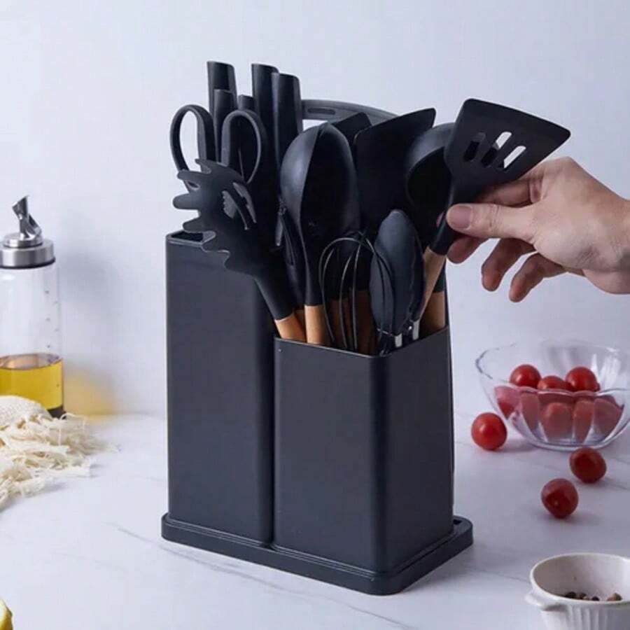 Kit 19 Utensílios Cozinha Silicone Cabo Madeira Resistente Calor Jogo de Utensilios Antiaderente Premium - Preto - Visão 1