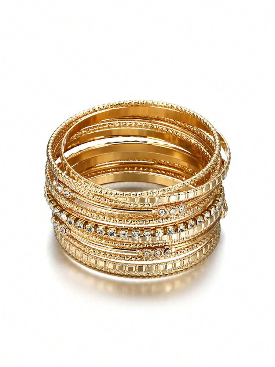 13pcs Elegant Multilayer Rhinestone Inlaid Gold Bracelet Set, Suitable For Women's Daily Wear And Gatherings, Great Gift
