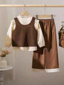 3pcs Young Girl Solid Color Frill Collar Long Sleeve Shirt, Button Design Vest And Pants Casual Set - Brown - View 2