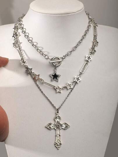 3 件复古哥特朋克风格水钻星星流星项链、水钻十字架项链、多层颈链套装、Y2K 欧美风格女士项链
