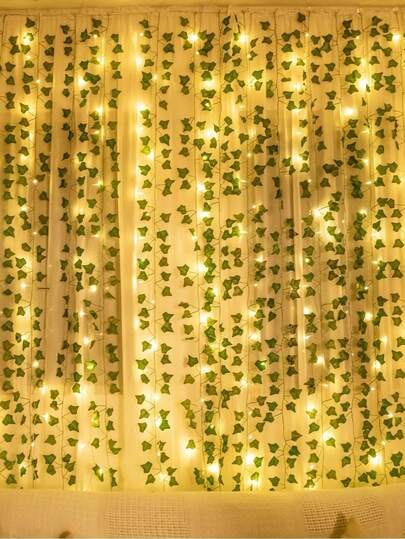 1pc LED Green Leaf String Lights, Artificial Evergreen Ivy Fairy Lights, Green Leaf Design, Battery Powered For Indoor/Outdoor Wall Decor, Party, Christmas & Holiday Atmosphere Creation, Christmas, Party Lighting, Holiday Decor, Mood Lighting, Long-Lasting Weatherproof Hanging Lights, Home Decor, Party Setup, Warm Ambiance Accent