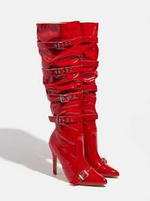 秋冬女士经典尖头细高跟靴，朋克风搭扣套脚靴，保暖时尚冬靴，舒适优雅，适合派对、宴会、舞会等场合，红色过膝靴 - 紅色 - 查看 4