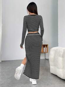 Conjunto de 2 piezas para mujer | Top corto de rayas & falda con abertura | Imprescindible para citas/fiestas de verano - Negro - Ver 4