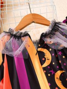 1pc Infant/Toddler Girls' Casual Fashion Colorful Striped Patchwork Star Moon Print Romper, Purple Mesh Ruffle Trim, Orange Pom Pom Decor, Half-Zip Front, Princess Daily Outfits, Halloween New Arrival 2025
