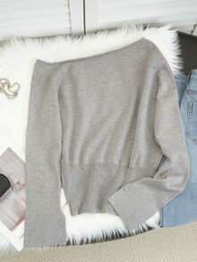 Sexy & minimalistischer grauer asymmetrischer Schulter Knopfbund Pullover für Frauen, geeignet für Dates, Ausflüge, Pendeln, Weihnachten, Neujahr, Herbst/Winter