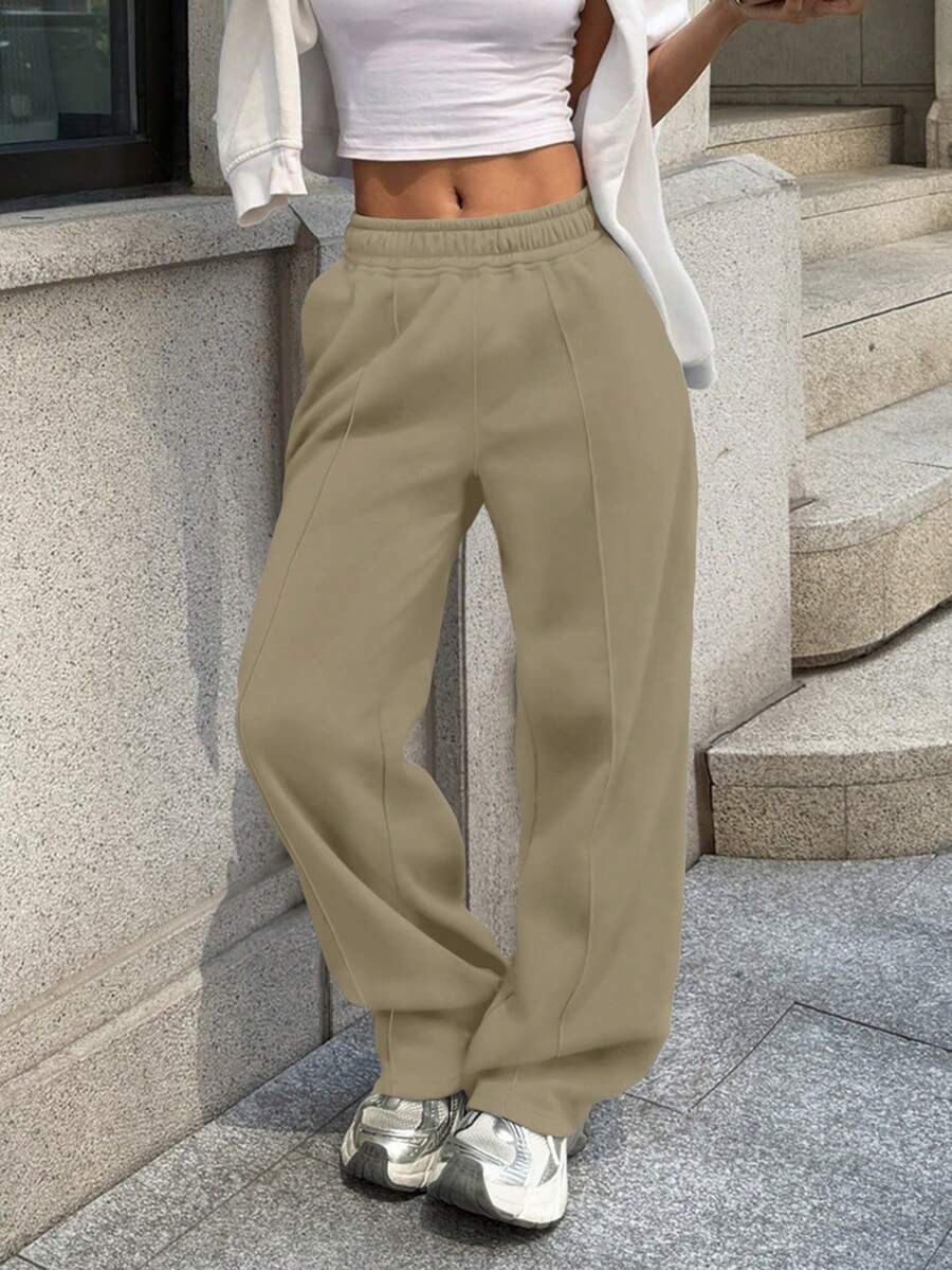 Sulojter Casual Loose Solid Color Elastic Waist Sweatpants - Apricot - View 1
