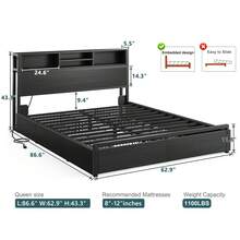 Estructura de cama de metal con 6 cajones de almacenamiento y estación de carga. Plataforma de cama con cabecera con librero. Sin ruido, sin necesidad de somieres. - Negro - Ver 6