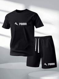 2 pezzi/set magliette a maniche corte e pantaloncini estivi da uomo, set di abbigliamento casual di moda con stampa grafica di lettere personalizzate, pantaloncini con tasche e vita con cordoncino, adatti per corsa, golf, pesca, basket, campeggio, palestra, nuoto e spiaggia