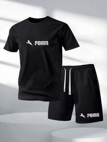 2 pezzi/set magliette a maniche corte e pantaloncini estivi da uomo, set di abbigliamento casual di moda con stampa grafica di lettere personalizzate, pantaloncini con tasche e vita con cordoncino, adatti per corsa, golf, pesca, basket, campeggio, palestra, nuoto e spiaggia