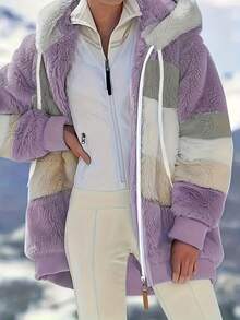 Plus Size Colorblock Fuzzy Hoodie Drawstring Zip Up Coat, Women's Plus Pocket Casual Overcoat - Màu tím - Xem 1