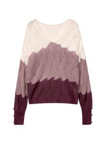 Women's Casual Colorblock V-Neck Sweater, Autumn/Winter Vacation - Burgundy - View 4