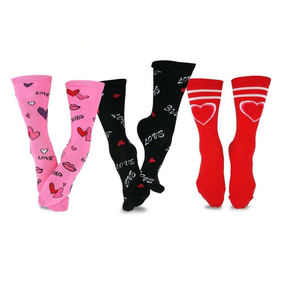 Valentine's Day Socks Women 3-Pair - TeeHee Love Crew Socks - Mother's Day Gifts For Her - Women's Shoe 6-9, Men's 8-11 - Cotton - 如圖691 - 查看 1