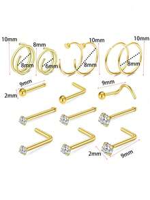 15 pezzi Anelli per il naso in oro 20g, set di piercing per il naso per donne e uomini, ipoallergenici in acciaio inossidabile per elice, cartilagine, daith, tragus, orecchini a cerchio, forma a L/a vite/diritti per piercing al corpo reale - Piercing al naso - Visualizzare 13