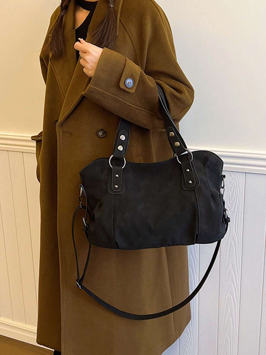 Vintage Minimalist Large Capacity Fashionable Student/Work Commute Tote Bag, Rivet Motorcycle Style Suede-Like Fabric, Handbag & Shoulder Bag For Women Daily Use, Newest Fashionable Suede Bag For Women, Perfectly Matching With Fall Outfits Women, New Arrival Tote Bags For Woman, New Fall Fashion 2025 For Women - Black - View 1