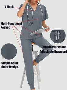 Women's Scrub Set, Casual Nurse Uniform Set, Breathable Quick-Dry Top And Pants - Grey - View 4