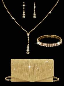 女士钻石首饰 闪耀奢华水钻首饰套装 闪耀项链 耳环 手链套装 闪粉皱纹手提宴会包 V型翻盖信封包 手提包 宴会包 钱包手提包 优雅手提宴会包 手提包 女士舞会手提包 女士新娘宴会包 舞会手提包 金属链条手提包 婚礼派对手提包 酒会婚礼 新款钱包宴会包