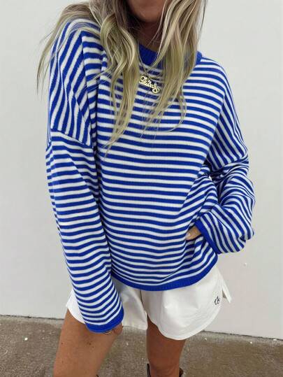 HoloChill Women's Colorblock Striped Crew Neck Casual Pullover Long Sleeve Sweater, Summer Casual New Versatile Top