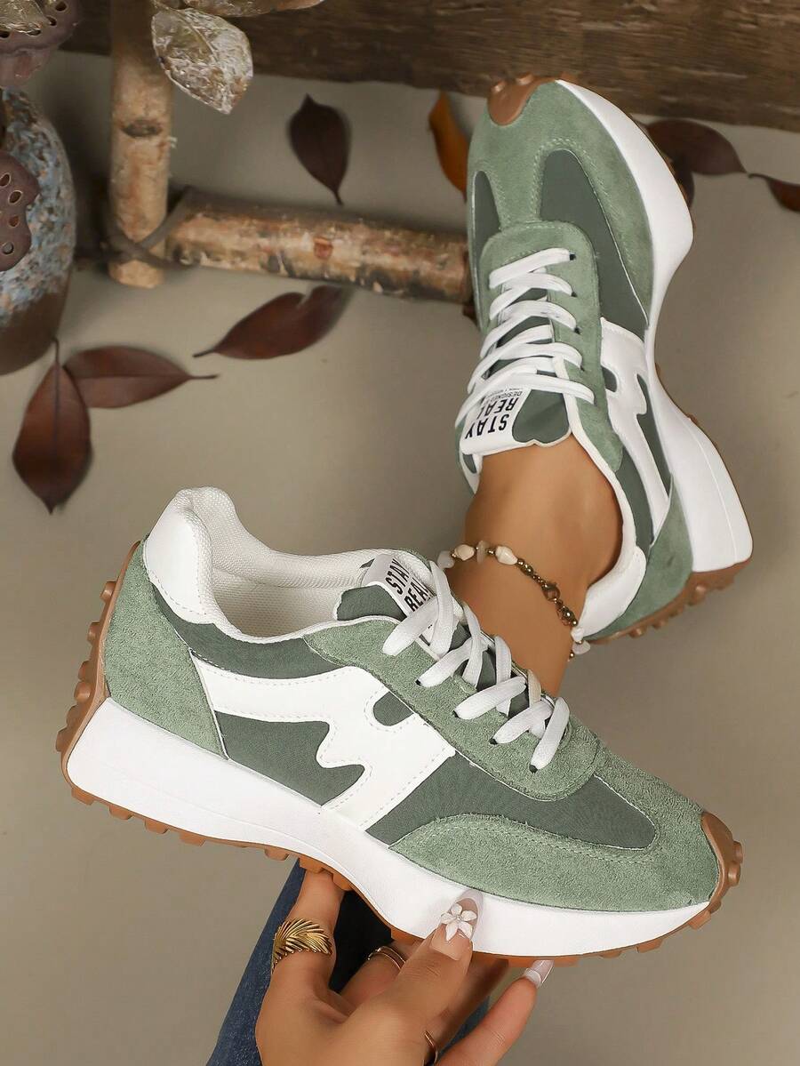 Women's Comfortable Lace-Up Sneakers - Lightweight Multifunctional Casual Shoes, Non-Slip Rubber Sole, Suitable For All Seasons - Green - View 1