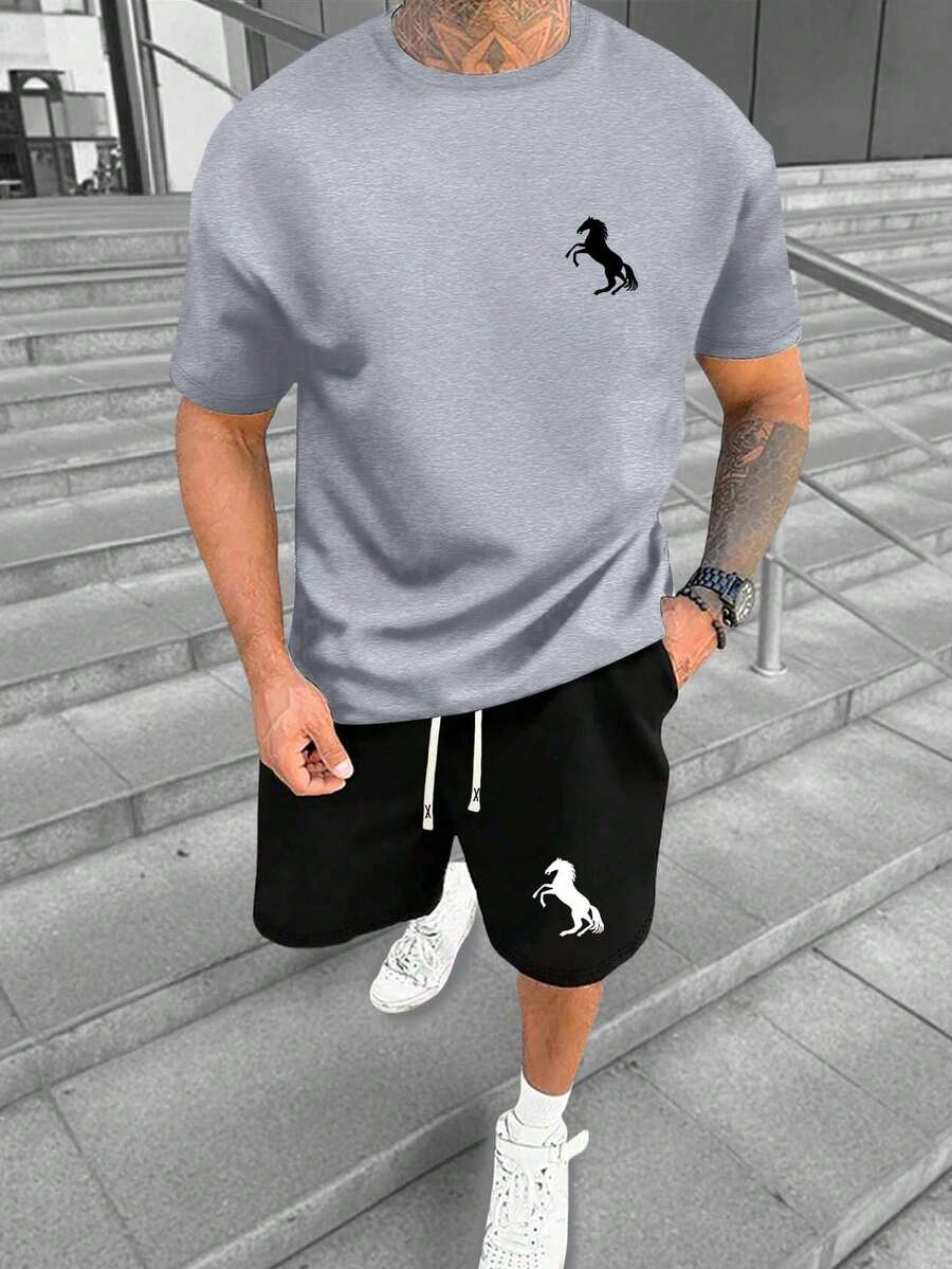 2pcs/Set Men's Summer Sports Regular Fit Short Sleeve T-Shirt And Shorts Set, Personalized Horse Print Pattern, Casual Outfit With Pockets And Drawstring Waist, Suitable Gift For Husband, Boyfriend For Golfing, Fishing, Basketball, Camping, Gym, Swimming And Beach - Multicolor - View 1