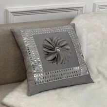 1 件天鹅绒拼布花朵和水钻装饰抱枕套，卧室和客厅靠垫套枕头床上用品房间装饰家居装饰卧室装饰靠垫套靠垫枕套 - 灰色 - 查看 8