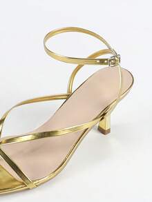 Women's Fashionable Elegant Gold Color PU Flat Thong Strap Square Toe Ankle Strap Stiletto High Heel Sandals, Charming Luxurious Metallic Shiny Party Wedding Outdoor Event High Heels - Gold - View 8