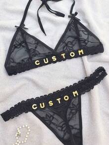 2pcs Custom Christmas Women Backless Lace Sheer Sexy Lingerie Set