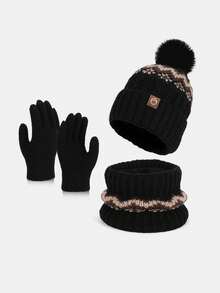 Set de 2 piezas/3 piezas de gorro, bufanda y guantes de punto jacquard de moda para mujer, accesorios versátiles y cálidos para el invierno, para uso diario en invierno (estilo aleatorio de entrega)