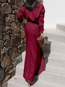 女士休闲长袖衬衫半裙套装，秋冬季 - 紅色 - 查看 2