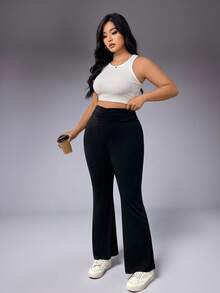 Pantalones de entrenamiento de talla grande para mujer con cintura alta, unicolor y volantes acuchillados - Negro - Ver 11