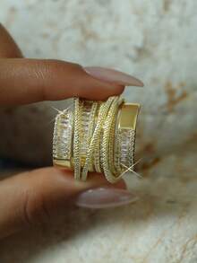 1pc Geometric Multilayer Big Ring, Suitable For Couples, Women, Banquet, Ball, Party, Inlaid With Cubic Zirconia, Copper Ring - Yellow Gold - View 3
